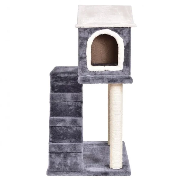 Arbre à chat avec griffoir en sisal Maison de chat 2 niveaux avec entrées et rampe d’accès, 60x45x88cm, Gris