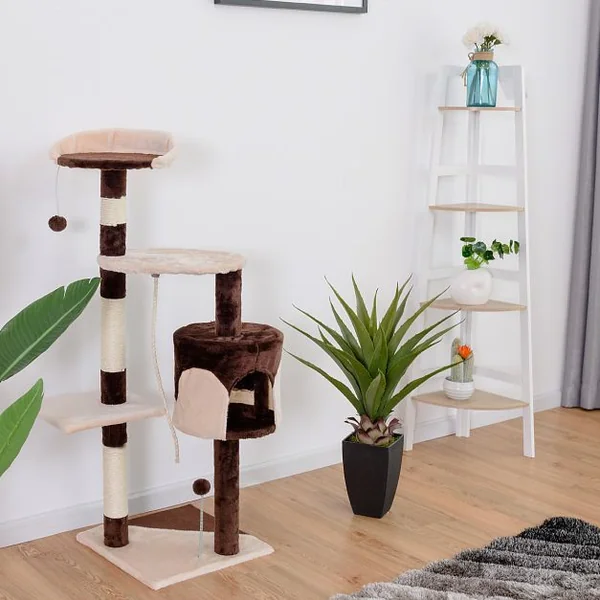 Arbre à Chat avec Griffoir en sisal niche en peluche jouet et hamac 112 cm Grand Centre d’Activité pour Chat Café / Beige