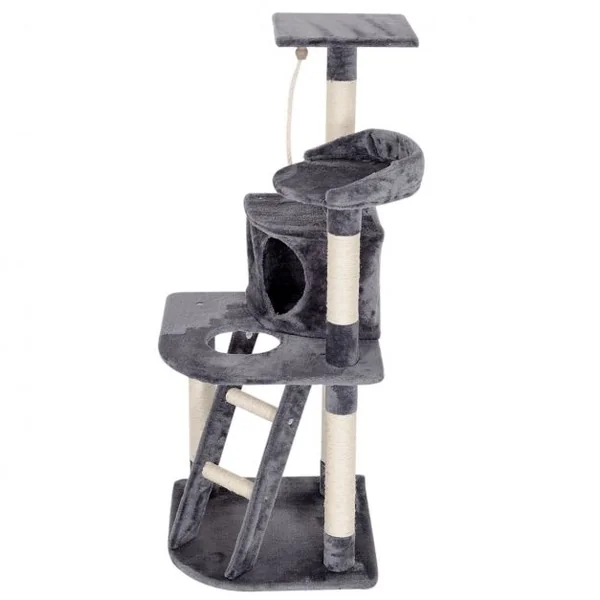 Arbre à Chat avec Griffoir en sisal niche en peluche jouet et échelle 120 cm Grand Centre d’Activité pour Chat Gris