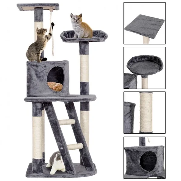 Arbre à Chat avec Griffoir en sisal niche en peluche jouet et échelle 120 cm Grand Centre d’Activité pour Chat Gris