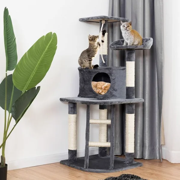Arbre à Chat avec Griffoir en sisal niche en peluche jouet et échelle 120 cm Grand Centre d’Activité pour Chat Gris