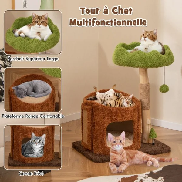 Arbre à Chat avec Griffoirs Recouverts de Sisal Perchoir Supérieur Plateforme Ronde Jouet en Forme d'Arbre Mobilier Elégant Marron