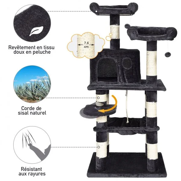 Arbre à Chat avec Multi-Etage de 140CM avec Hamac et Niche en Peluche Griffoir et Centre d'Activités