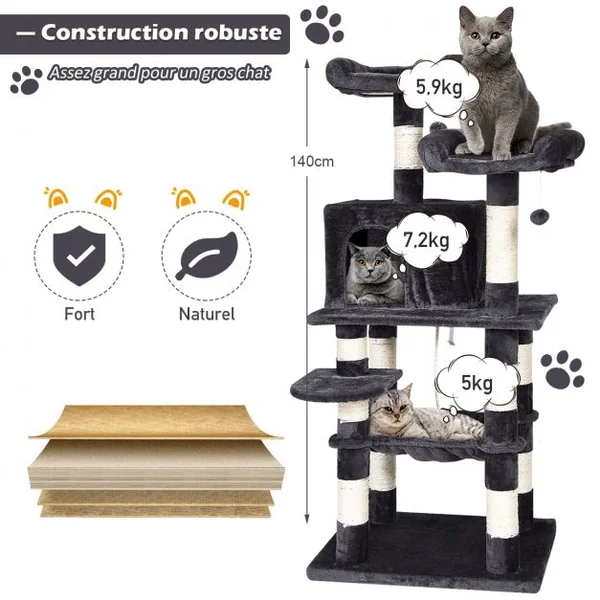 Arbre à Chat avec Multi-Etage de 140CM avec Hamac et Niche en Peluche Griffoir et Centre d'Activités