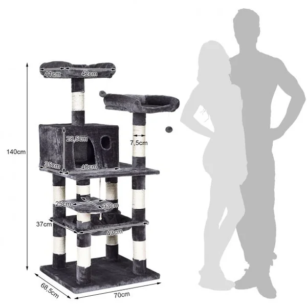 Arbre à Chat avec Multi-Etage de 140CM avec Hamac et Niche en Peluche Griffoir et Centre d'Activités