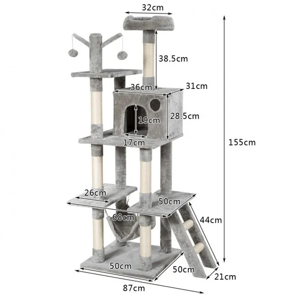 Arbre à Chat avec Multi-Etage Hamac Poteaux à Gratter et Plate pour Grimper s’Exercer et Dormir 87x50x155CM Gris clair