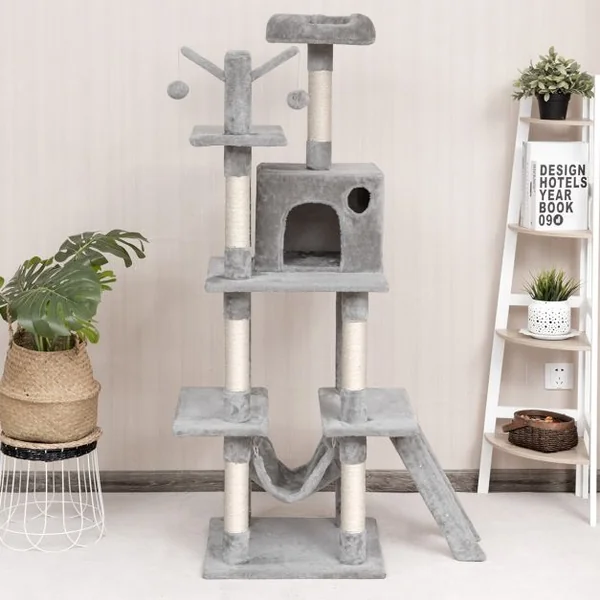 Arbre à Chat avec Multi-Etage Hamac Poteaux à Gratter et Plate pour Grimper s’Exercer et Dormir 87x50x155CM Gris clair