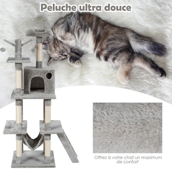 Arbre à Chat avec Multi-Etage Hamac Poteaux à Gratter et Plate pour Grimper s’Exercer et Dormir 87x50x155CM Gris clair