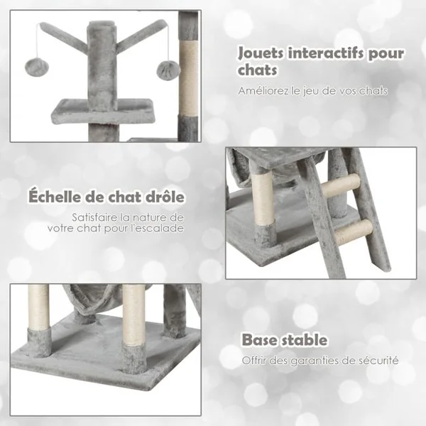 Arbre à Chat avec Multi-Etage Hamac Poteaux à Gratter et Plate pour Grimper s’Exercer et Dormir 87x50x155CM Gris clair