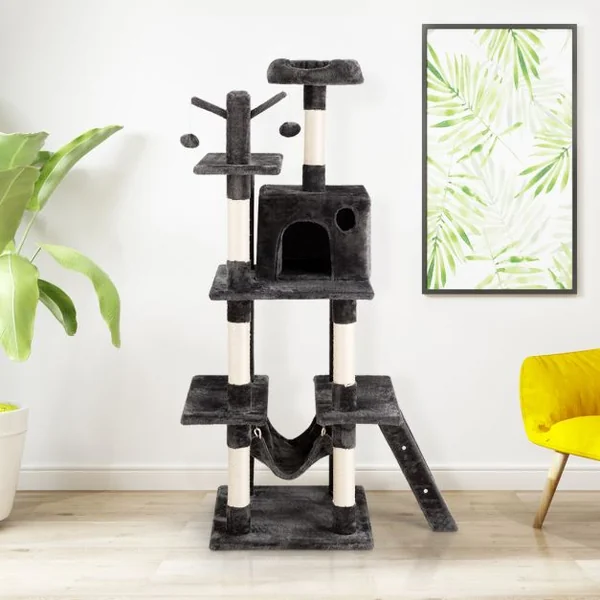 Arbre à Chat avec Multi-Etage Hamac Poteaux à Gratter et Plate pour Grimper s’Exercer et Dormir 87x50x155CM Gris foncé