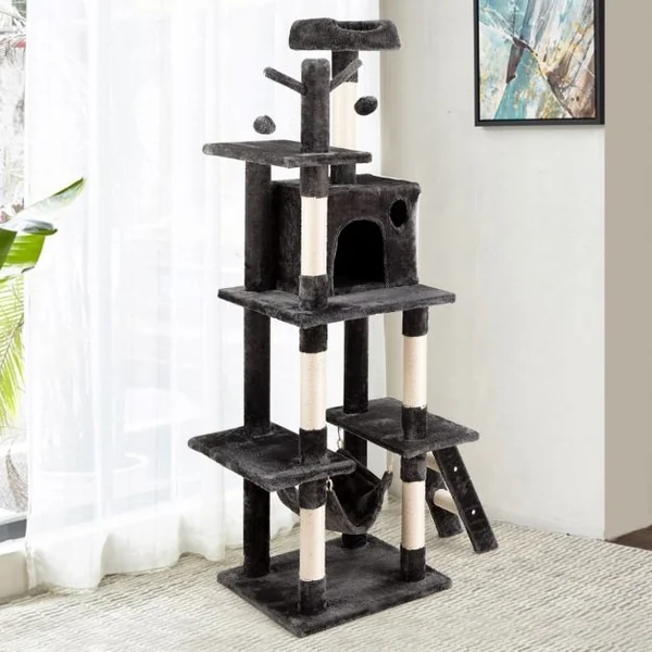 Arbre à Chat avec Multi-Etage Hamac Poteaux à Gratter et Plate pour Grimper s’Exercer et Dormir 87x50x155CM Gris foncé
