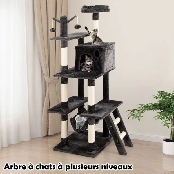 Arbre à Chat avec Multi-Etage Hamac Poteaux à Gratter et Plate pour Grimper s’Exercer et Dormir 87x50x155CM Gris foncé
