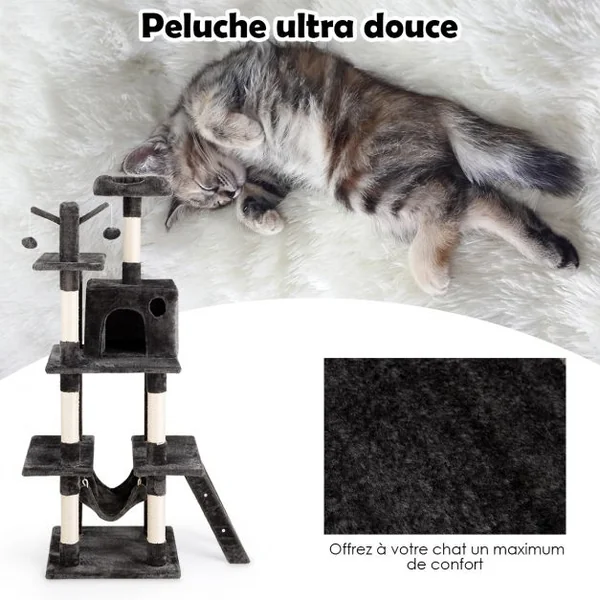 Arbre à Chat avec Multi-Etage Hamac Poteaux à Gratter et Plate pour Grimper s’Exercer et Dormir 87x50x155CM Gris foncé