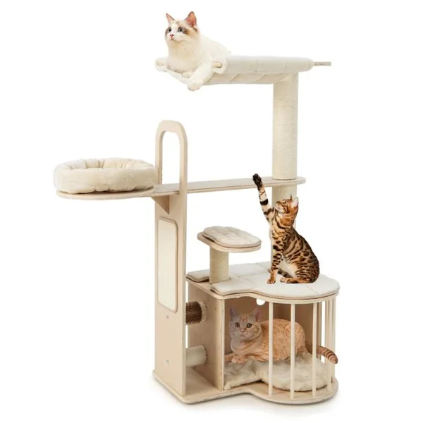 Arbre à Chat Bois 139CM avec 3 Niches Griffoirs en Sisal Arbre à Chat Design avec Perchoir Brosse Coussins Amovibles Lavables