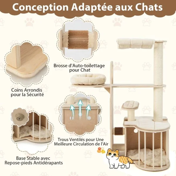 Arbre à Chat Bois 139CM avec 3 Niches Griffoirs en Sisal Arbre à Chat Design avec Perchoir Brosse Coussins Amovibles Lavables
