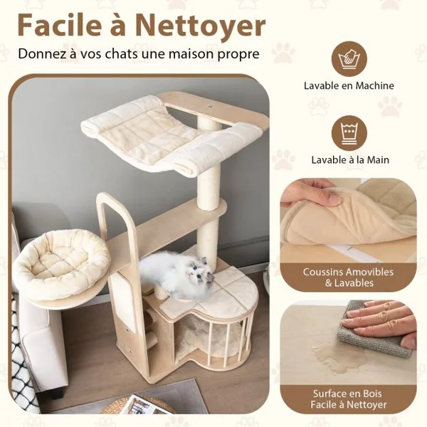 Arbre à Chat Bois 139CM avec 3 Niches Griffoirs en Sisal Arbre à Chat Design avec Perchoir Brosse Coussins Amovibles Lavables