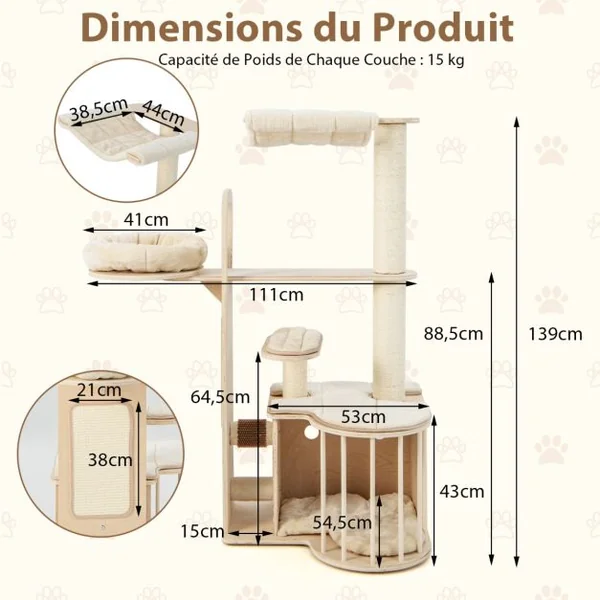 Arbre à Chat Bois 139CM avec 3 Niches Griffoirs en Sisal Arbre à Chat Design avec Perchoir Brosse Coussins Amovibles Lavables