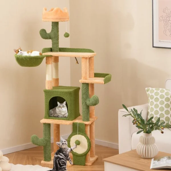 Arbre à Chat Cactus 160 CM d'Intérieur Tour pour Chat Multi-niveaux avec Poteaux à Griffer en Sisal et Planche Condo Perchoirs Rembourrés