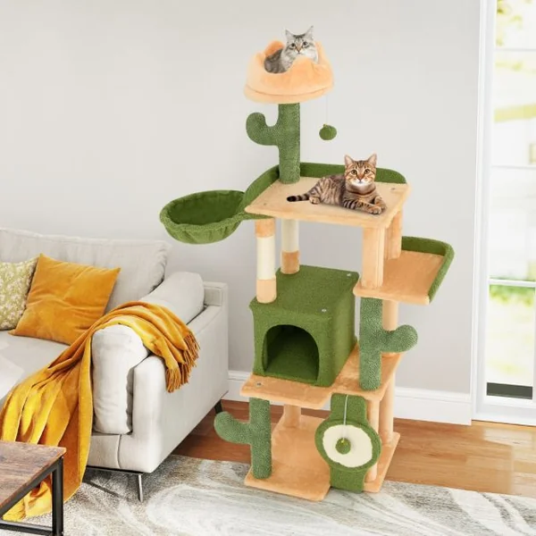 Arbre à Chat Cactus 160 CM d'Intérieur Tour pour Chat Multi-niveaux avec Poteaux à Griffer en Sisal et Planche Condo Perchoirs Rembourrés