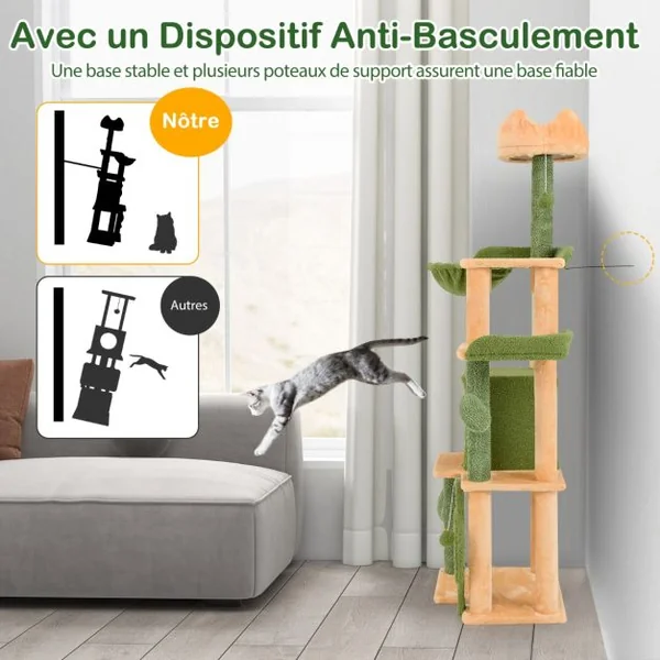 Arbre à Chat Cactus 160 CM d'Intérieur Tour pour Chat Multi-niveaux avec Poteaux à Griffer en Sisal et Planche Condo Perchoirs Rembourrés