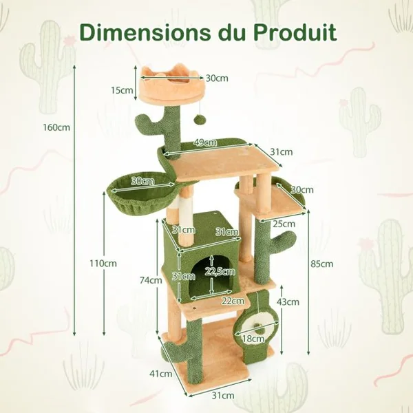 Arbre à Chat Cactus 160 CM d'Intérieur Tour pour Chat Multi-niveaux avec Poteaux à Griffer en Sisal et Planche Condo Perchoirs Rembourrés