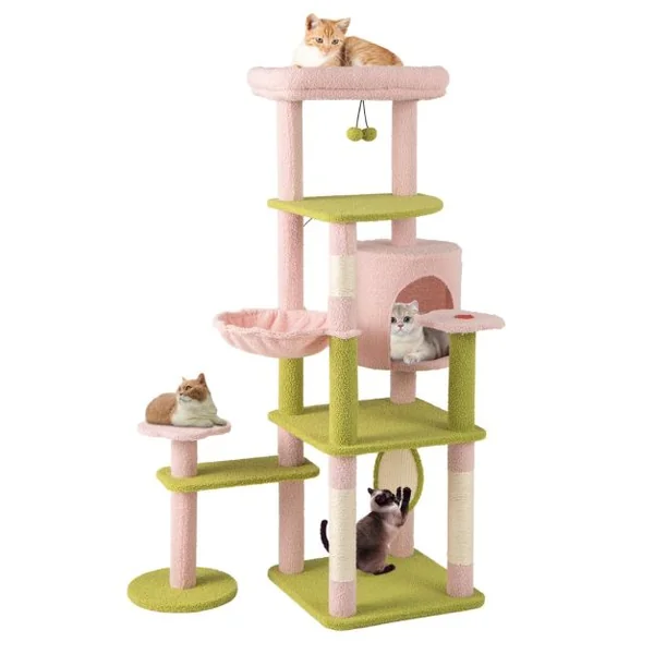 Arbre à Chat de 148 cm de Hauteur Tour pour Chat Esthétique à Plusieurs Niveaux avec Perchoir Supérieur Rembourré Rose