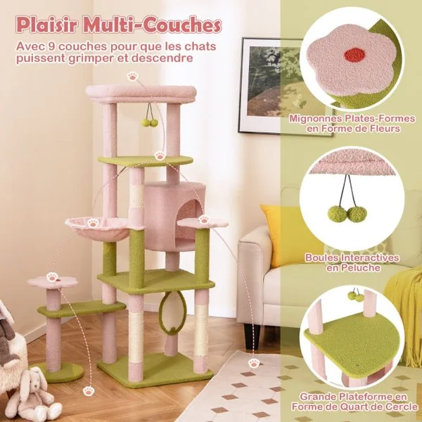 Arbre à Chat de 148 cm de Hauteur Tour pour Chat Esthétique à Plusieurs Niveaux avec Perchoir Supérieur Rembourré Rose