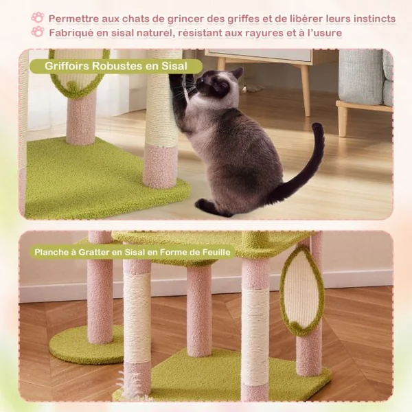 Arbre à Chat de 148 cm de Hauteur Tour pour Chat Esthétique à Plusieurs Niveaux avec Perchoir Supérieur Rembourré Rose