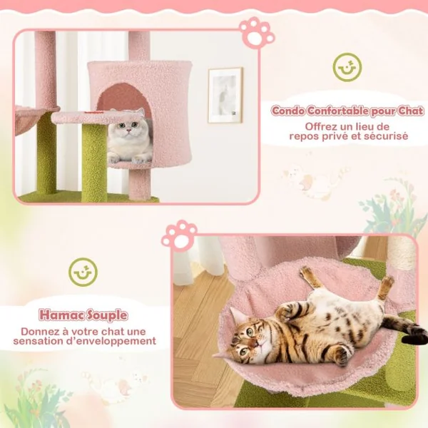 Arbre à Chat de 148 cm de Hauteur Tour pour Chat Esthétique à Plusieurs Niveaux avec Perchoir Supérieur Rembourré Rose