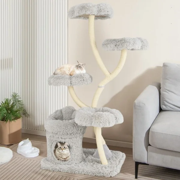 Arbre à Chat de 165 CM Tour à Chat d'Escalade avec 4 Plateformes Rembourrée Poteaux de Grattage en Sisal Niche Privée Blanc/Gris