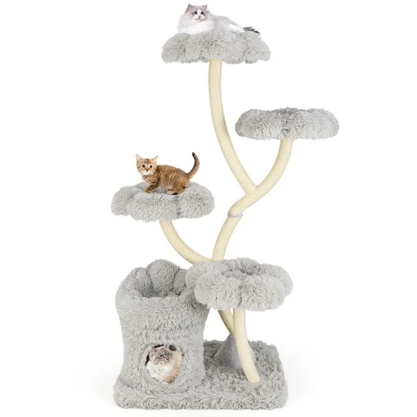 Arbre à Chat de 165 CM Tour à Chat d'Escalade avec 4 Plateformes Rembourrée Poteaux de Grattage en Sisal Niche Privée Blanc/Gris