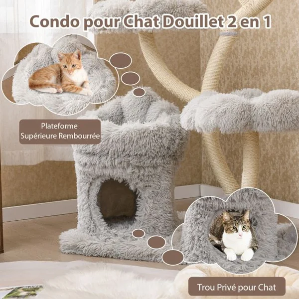 Arbre à Chat de 165 CM Tour à Chat d'Escalade avec 4 Plateformes Rembourrée Poteaux de Grattage en Sisal Niche Privée Blanc/Gris