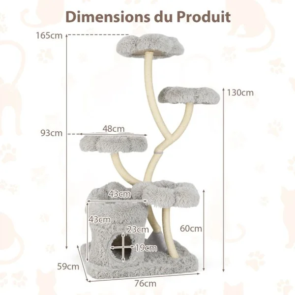 Arbre à Chat de 165 CM Tour à Chat d'Escalade avec 4 Plateformes Rembourrée Poteaux de Grattage en Sisal Niche Privée Blanc/Gris