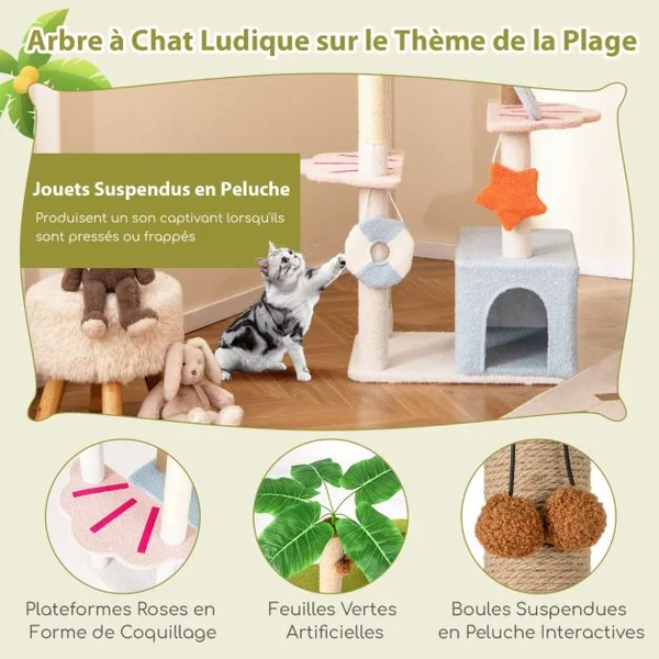 Arbre à Chat de 180 CM sur Plusieurs Niveaux avec 2 Condos Perchoir Poteaux à Gratter en Sisal et Jute Plante Artificielle Coloré