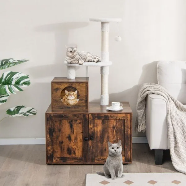 Arbre à Chat en Bois 132 CM avec Griffoir en Sisal Style Industriel Marron/Blanc/Gris