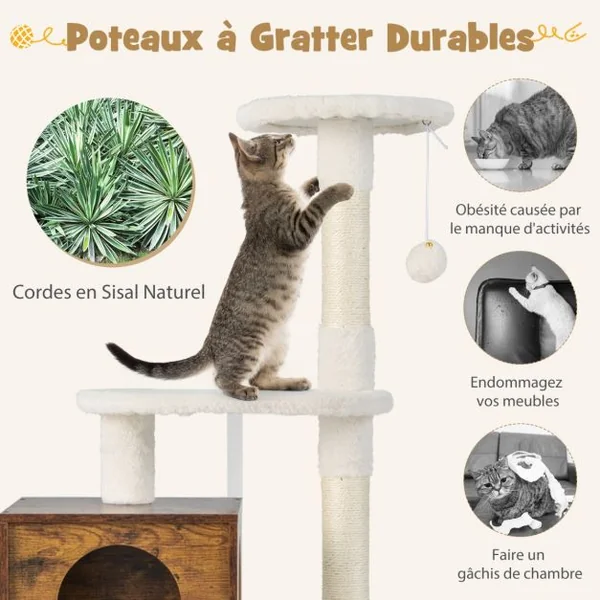 Arbre à Chat en Bois 132 CM avec Griffoir en Sisal Style Industriel Marron/Blanc/Gris