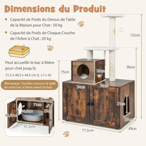 Arbre à Chat en Bois 132 CM avec Griffoir en Sisal Style Industriel Marron/Blanc/Gris