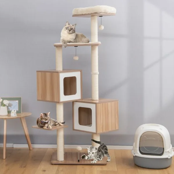 Arbre à Chat en Bois 163 CM avec 3 Plateformes 2 Niches 3 Balles Griffoirs en Sisal Perchoir Coussins Lavables Naturel