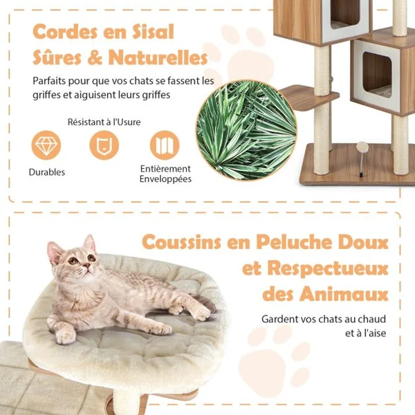 Arbre à Chat en Bois 163 CM avec 3 Plateformes 2 Niches 3 Balles Griffoirs en Sisal Perchoir Coussins Lavables Naturel