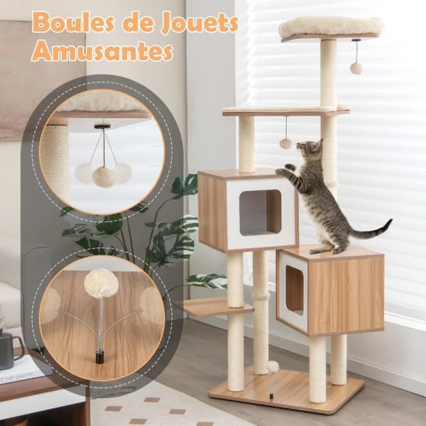 Arbre à Chat en Bois 163 CM avec 3 Plateformes 2 Niches 3 Balles Griffoirs en Sisal Perchoir Coussins Lavables Naturel