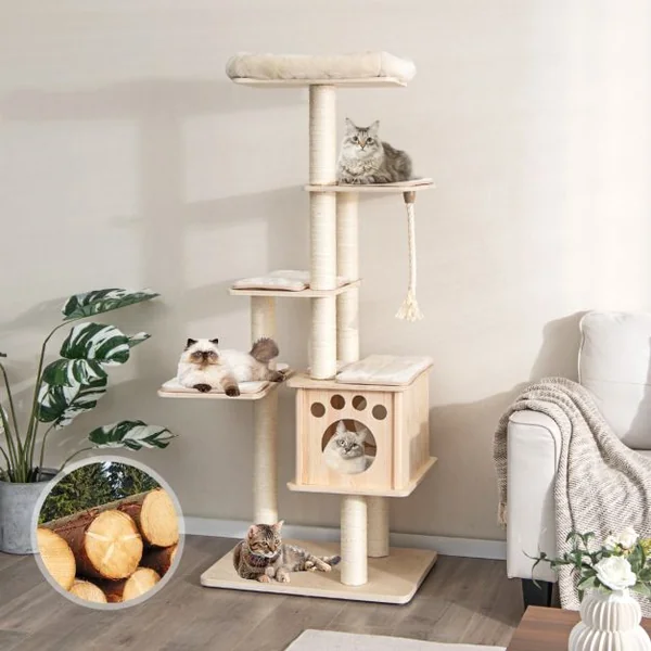 Arbre à Chat en Bois 170CM - Perchoir Condo - Tour à Chat - Coussin Amovible Poteaux à Gratter en Sisal 4 Plate-formes Naturel