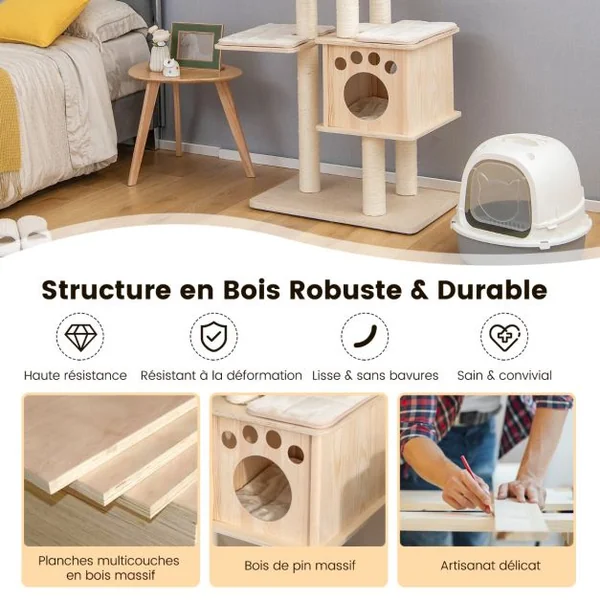 Arbre à Chat en Bois 170CM - Perchoir Condo - Tour à Chat - Coussin Amovible Poteaux à Gratter en Sisal 4 Plate-formes Naturel