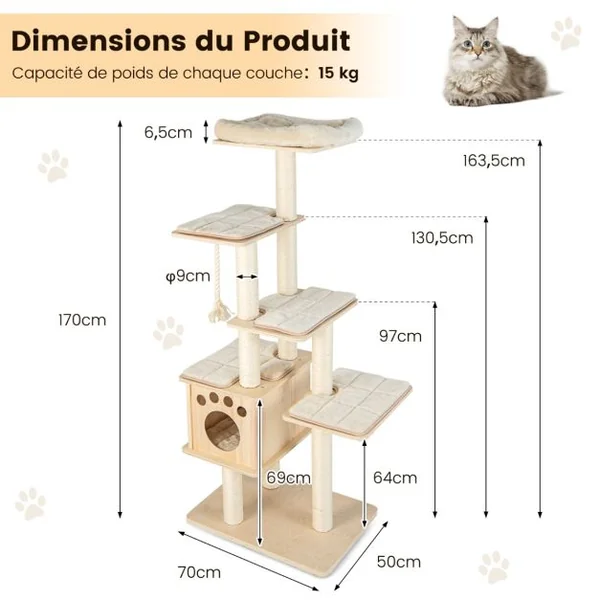 Arbre à Chat en Bois 170CM - Perchoir Condo - Tour à Chat - Coussin Amovible Poteaux à Gratter en Sisal 4 Plate-formes Naturel