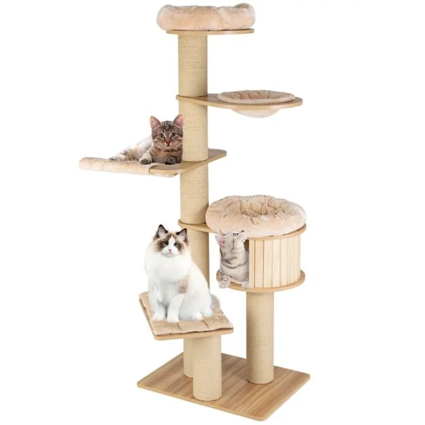 Arbre à Chat en Bois 191CM avec Hamac Panier Perchoir et Niche Tour à Chat avec Coussin Amovible et Poteaux à Gratter Beige
