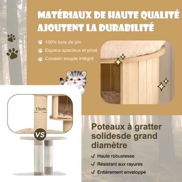 Arbre à Chat en Bois 191CM avec Hamac Panier Perchoir et Niche Tour à Chat avec Coussin Amovible et Poteaux à Gratter Beige