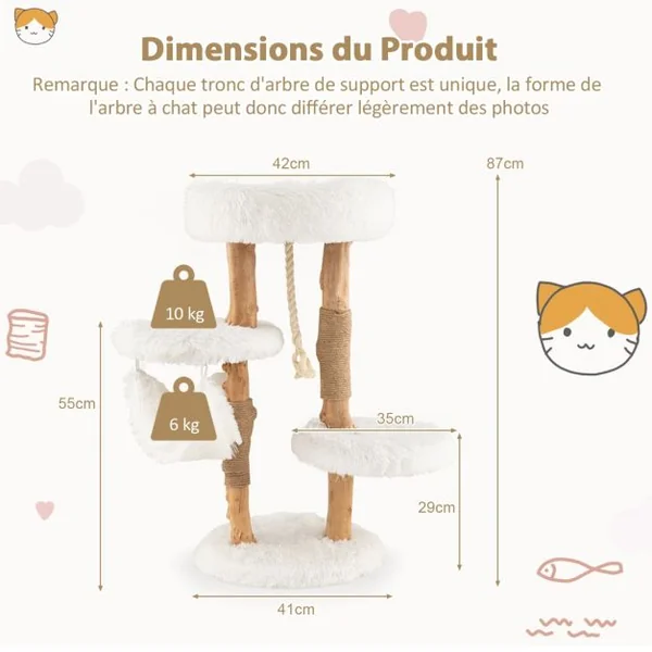 Arbre à Chat en Bois 87 CM avec Hamac, Plusieurs Plateformes Tour à Chat avec Coussin Moelleux Corde en Sisal Suspendue Blanc