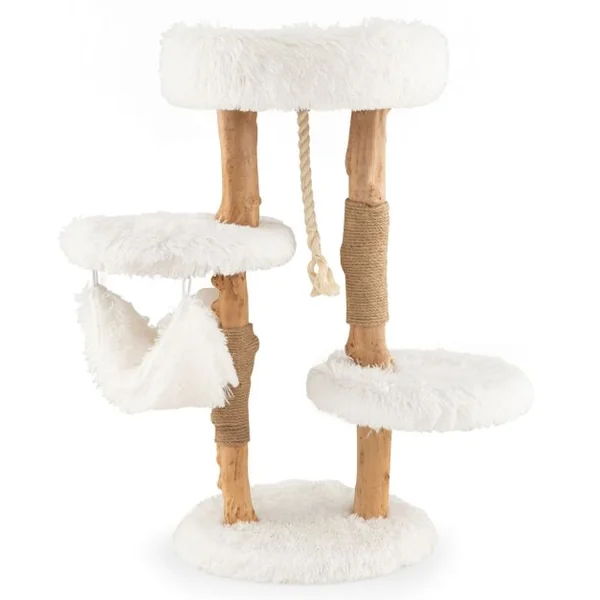 Arbre à Chat en Bois 87 CM avec Hamac, Plusieurs Plateformes Tour à Chat avec Coussin Moelleux Corde en Sisal Suspendue Blanc