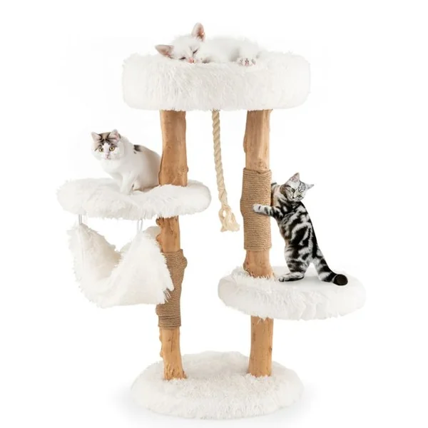 Arbre à Chat en Bois 87 CM avec Hamac, Plusieurs Plateformes Tour à Chat avec Coussin Moelleux Corde en Sisal Suspendue Blanc