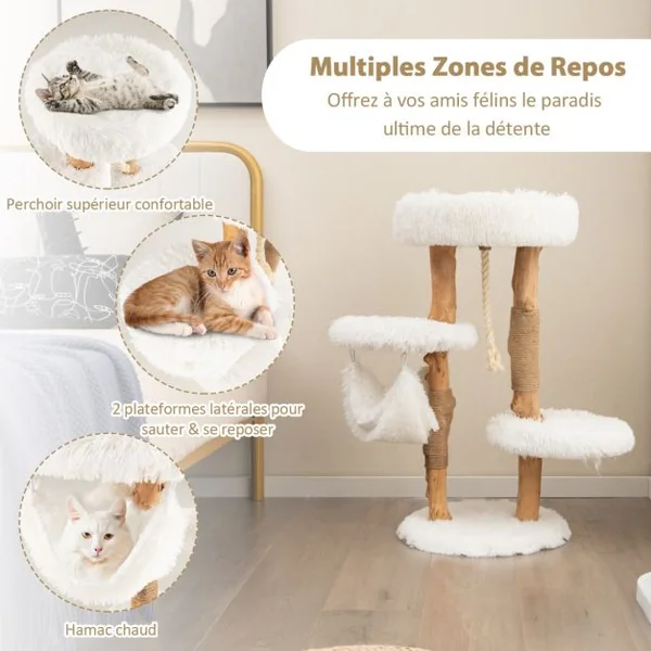 Arbre à Chat en Bois 87 CM avec Hamac, Plusieurs Plateformes Tour à Chat avec Coussin Moelleux Corde en Sisal Suspendue Blanc