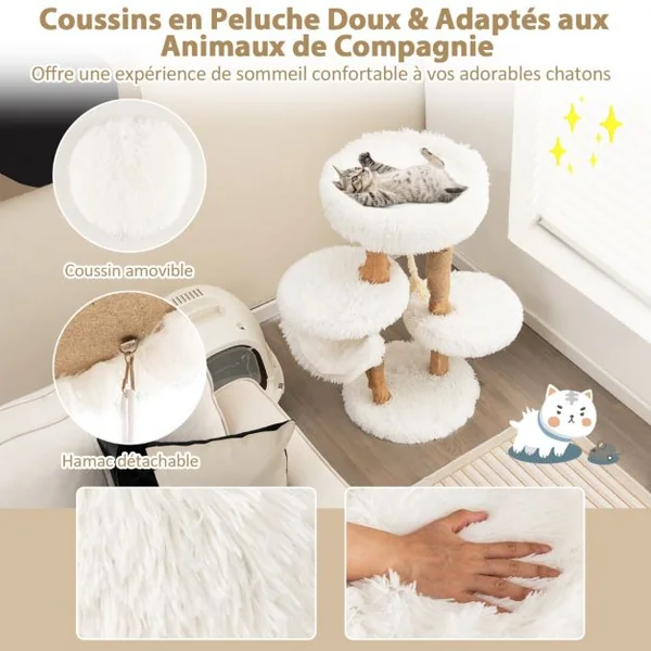 Arbre à Chat en Bois 87 CM avec Hamac, Plusieurs Plateformes Tour à Chat avec Coussin Moelleux Corde en Sisal Suspendue Blanc